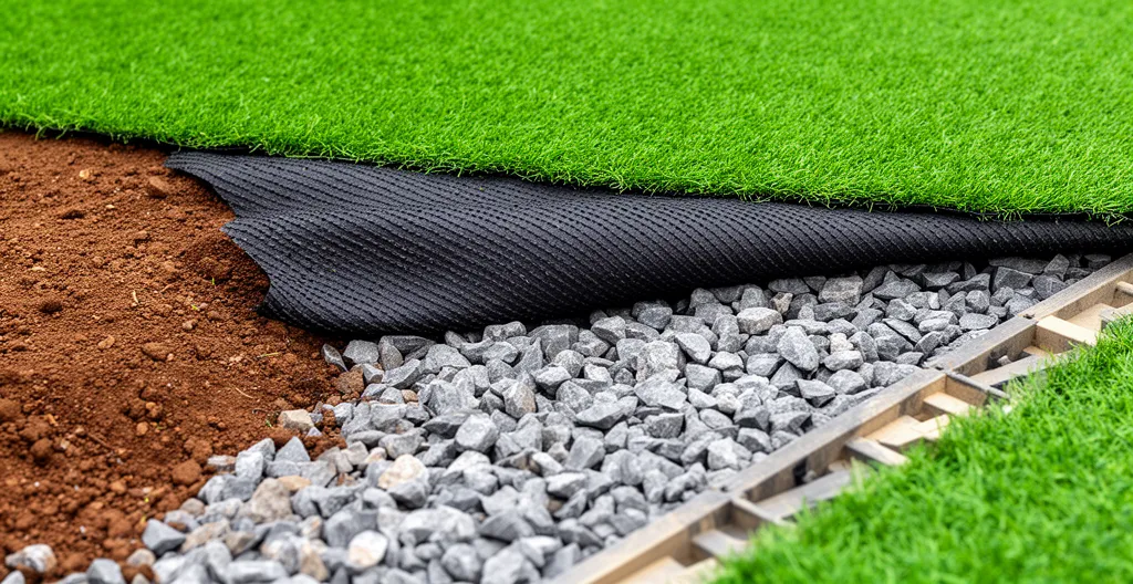 Coupe transversale montrant les couches terre géotextile gravier gazon synthétique