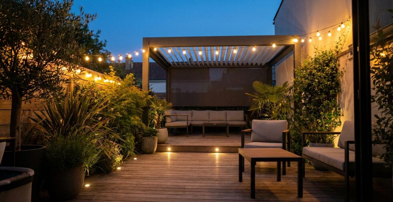 Petit jardin éclairé en soirée avec spots et guirlandes lumineuses