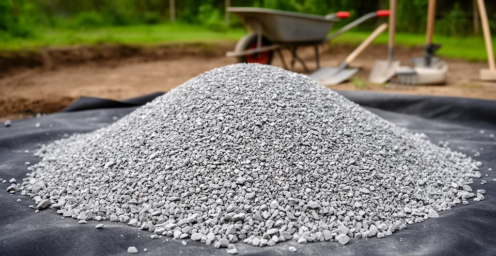 Tas de gravier concassé calibre fin étalé sur géotextile noir