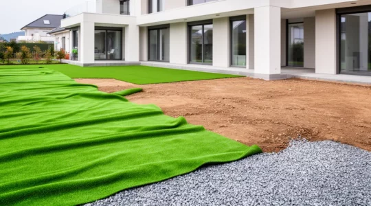 Jardin résidentiel avec gazon synthétique partiellement posé montrant couche de gravier
