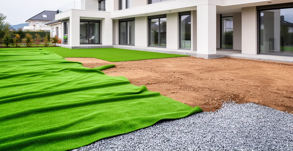 Jardin résidentiel avec gazon synthétique partiellement posé montrant couche de gravier