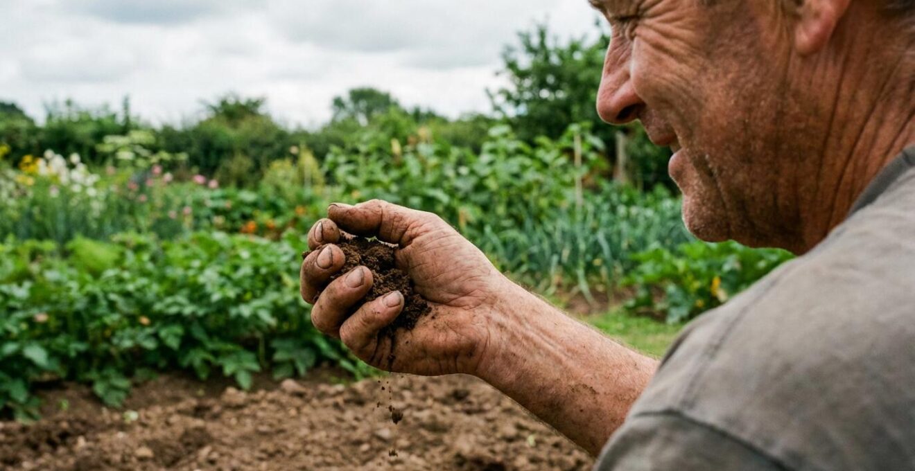 Jardinier amateur testant texture du sol pour choisir emplacement plantes