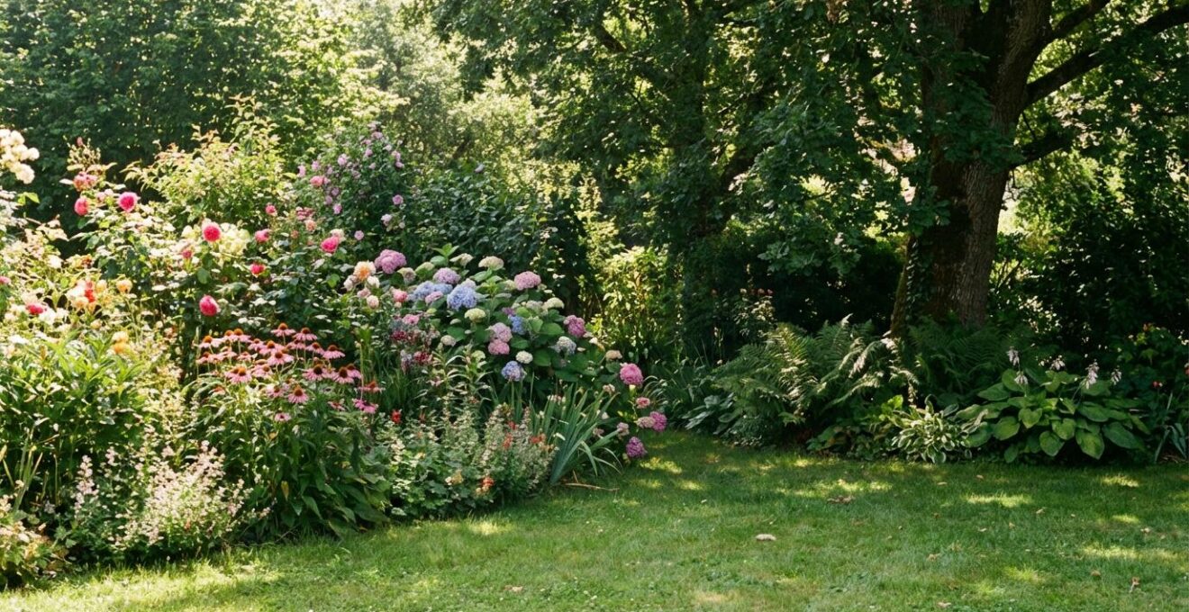 Massif de jardin montrant zones soleil et ombre avec végétation adaptée à chaque emplacement