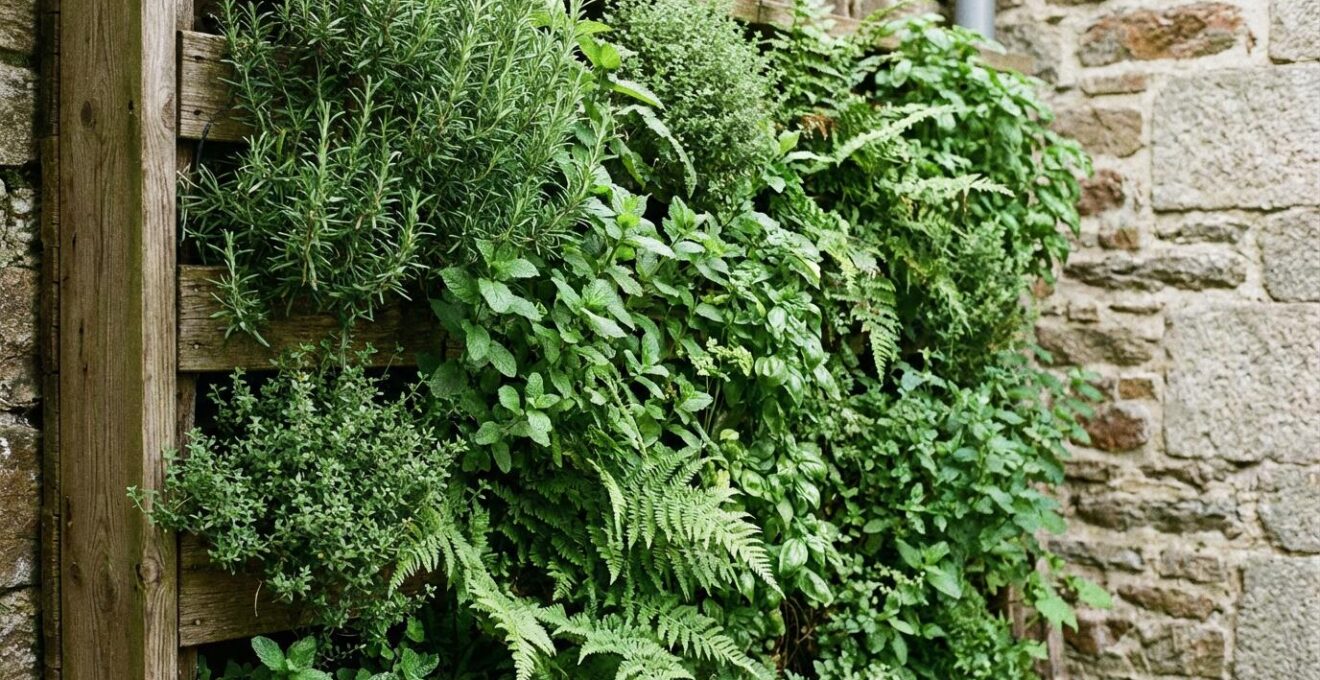 Mur végétal extérieur avec plantes aromatiques dans petit jardin breton