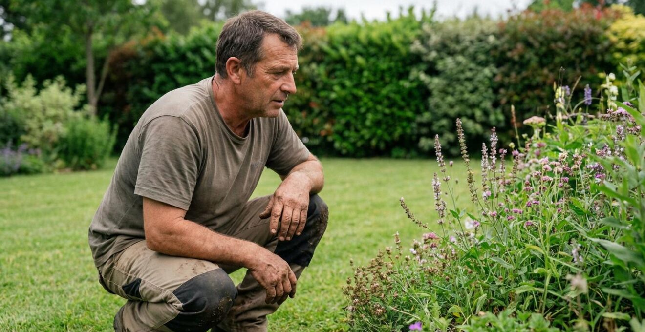 Paysagiste observant emplacement plantes dans un massif de jardin fleuri