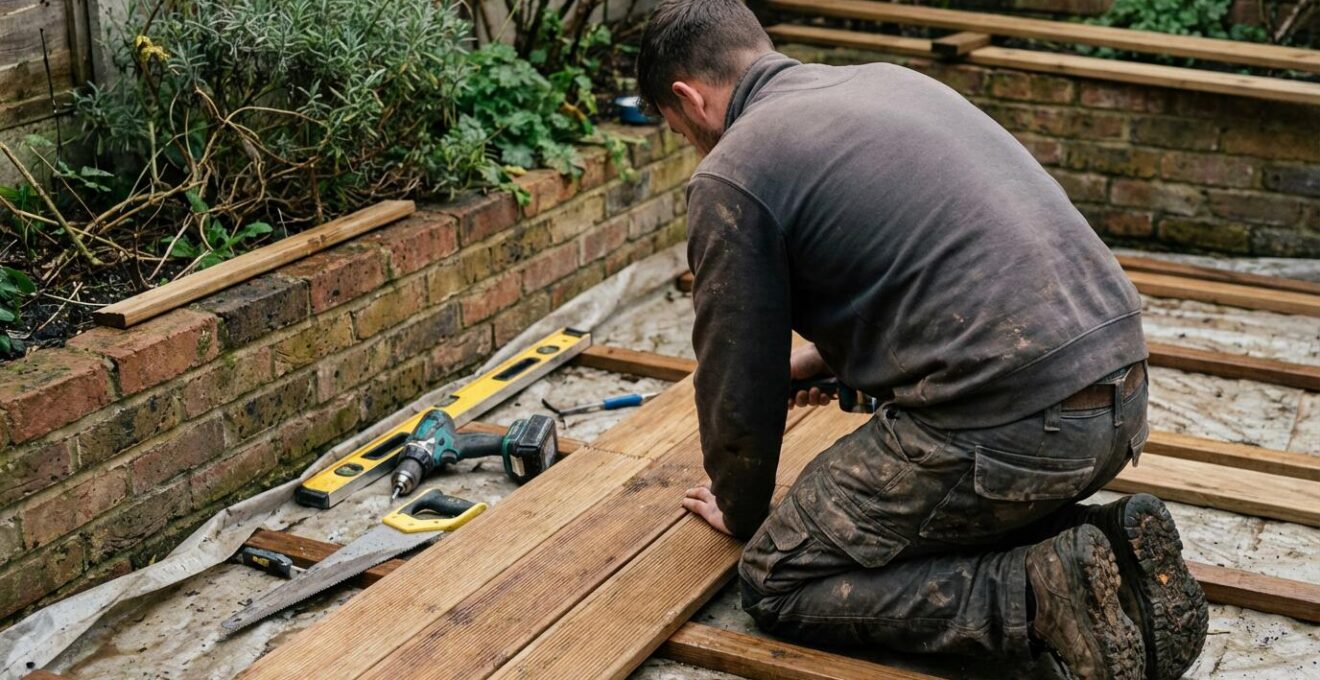 Paysagiste installant des lames de terrasse dans un petit jardin urbain