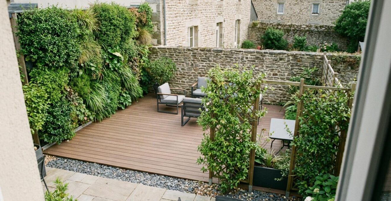 Petit jardin urbain aménagé avec terrasse bois et mur végétal