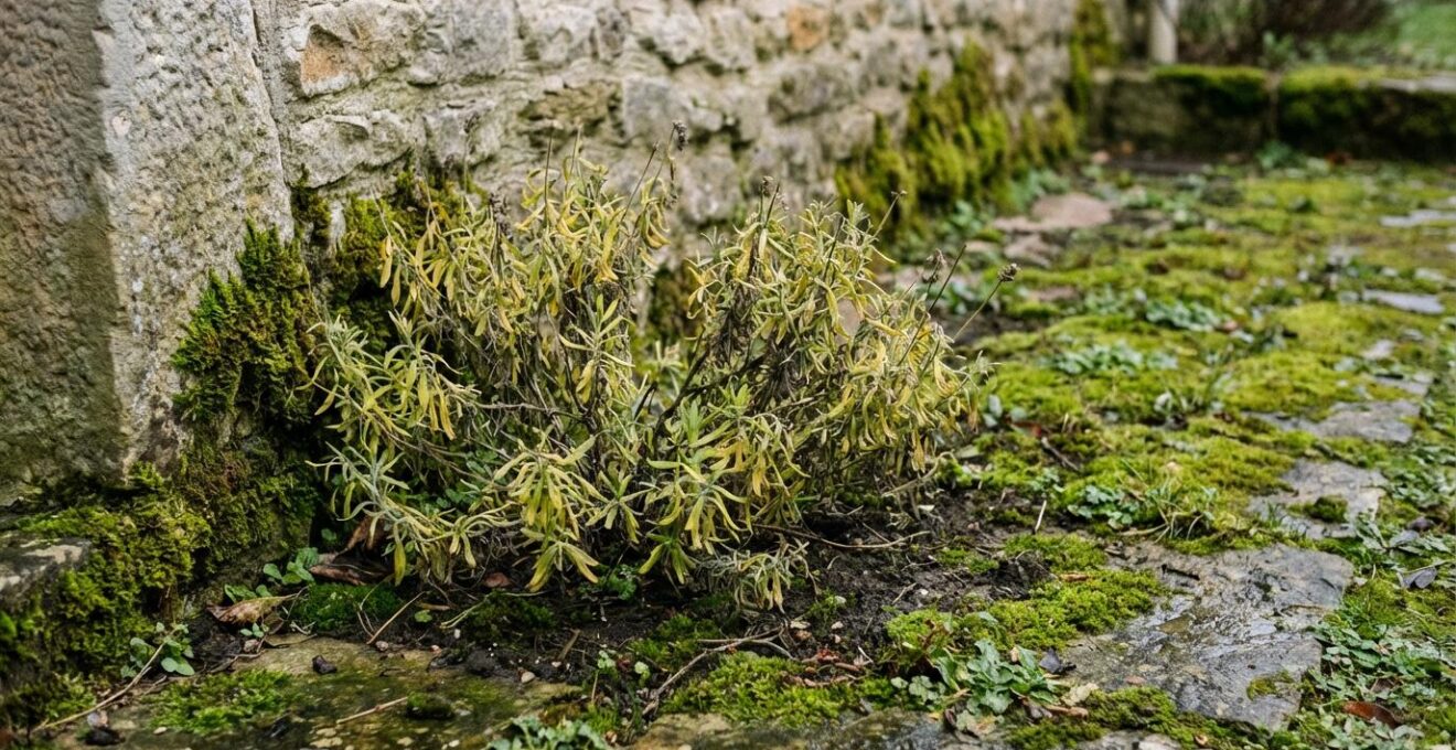 Rosier dépérissant planté au pied d'un mur nord ombragé illustrant erreur emplacement