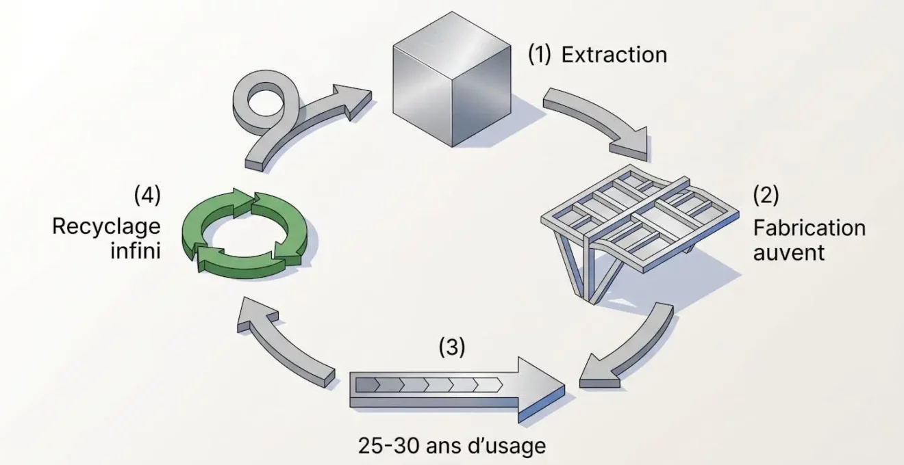 Diagramme isométrique en 3D illustrant le cycle de vie circulaire de l'aluminium en quatre étapes : extraction, fabrication d'auvent, usage 25-30 ans et recyclage infini, avec texte en français