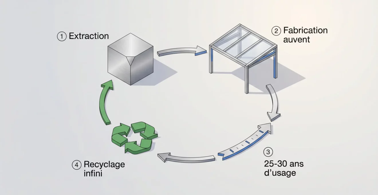 Diagramme isométrique en 3D illustrant le cycle de vie circulaire de l'aluminium en quatre étapes : extraction, fabrication d'auvent, usage 25-30 ans et recyclage infini, avec texte en français