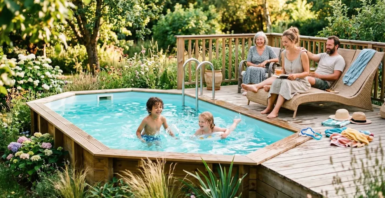 Famille profitant d'une piscine hors sol dans un jardin ensoleillé