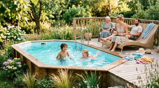 Famille profitant d'une piscine hors sol dans un jardin ensoleillé