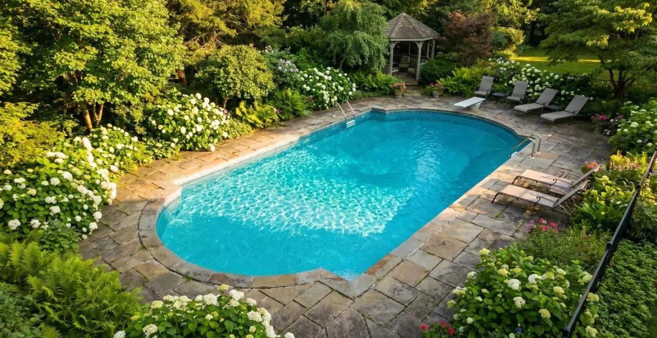 Vue aérienne d'une piscine enterrée aux reflets bleus transparents entourée d'un jardin fleuri en été