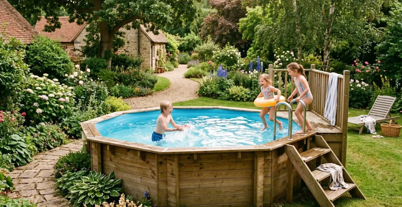 Piscine hors sol en bois dans un jardin avec eau claire traitée au sel
