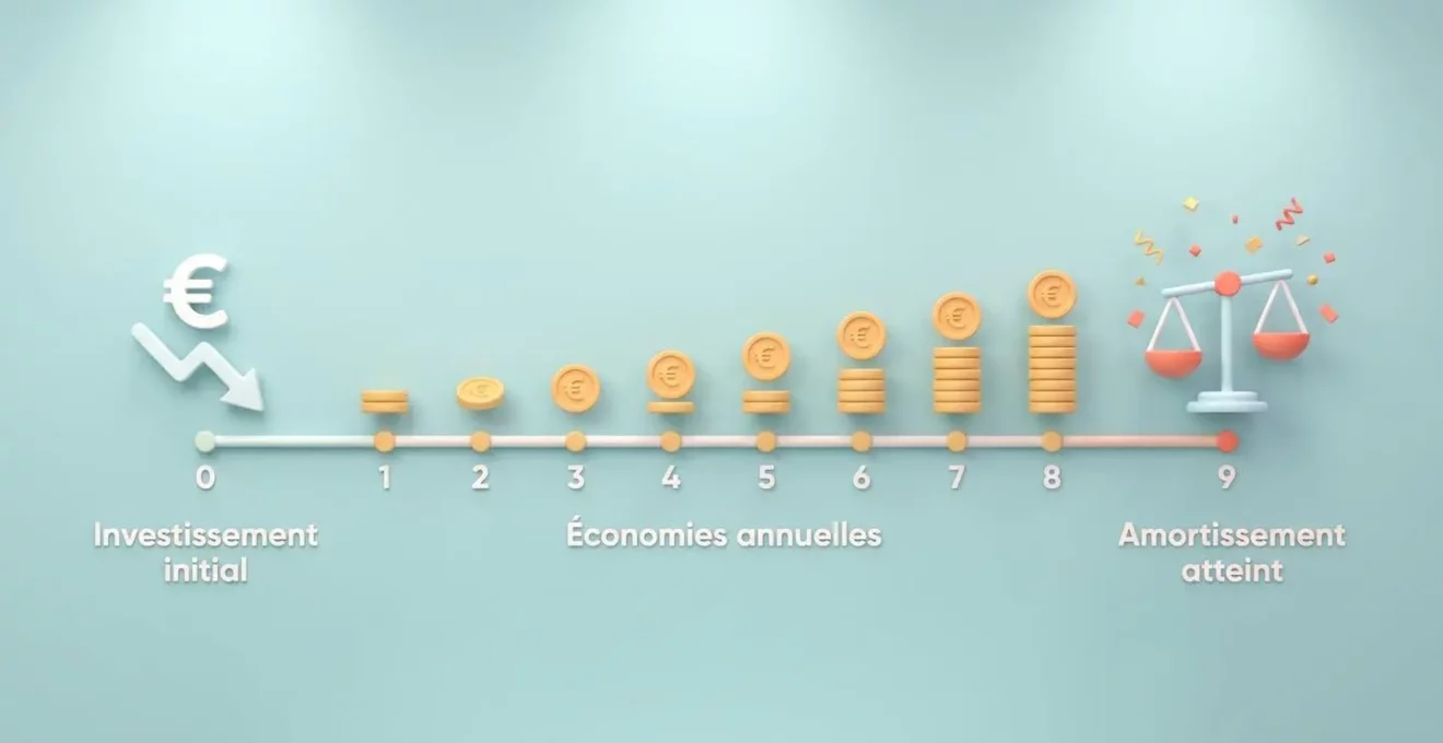 Timeline 3D illustrant l'amortissement financier d'un auvent solaire sur 12 ans, avec symboles euros et pièces accumulées, montrant le point d'équilibre à l'année 9, avec étiquettes en français