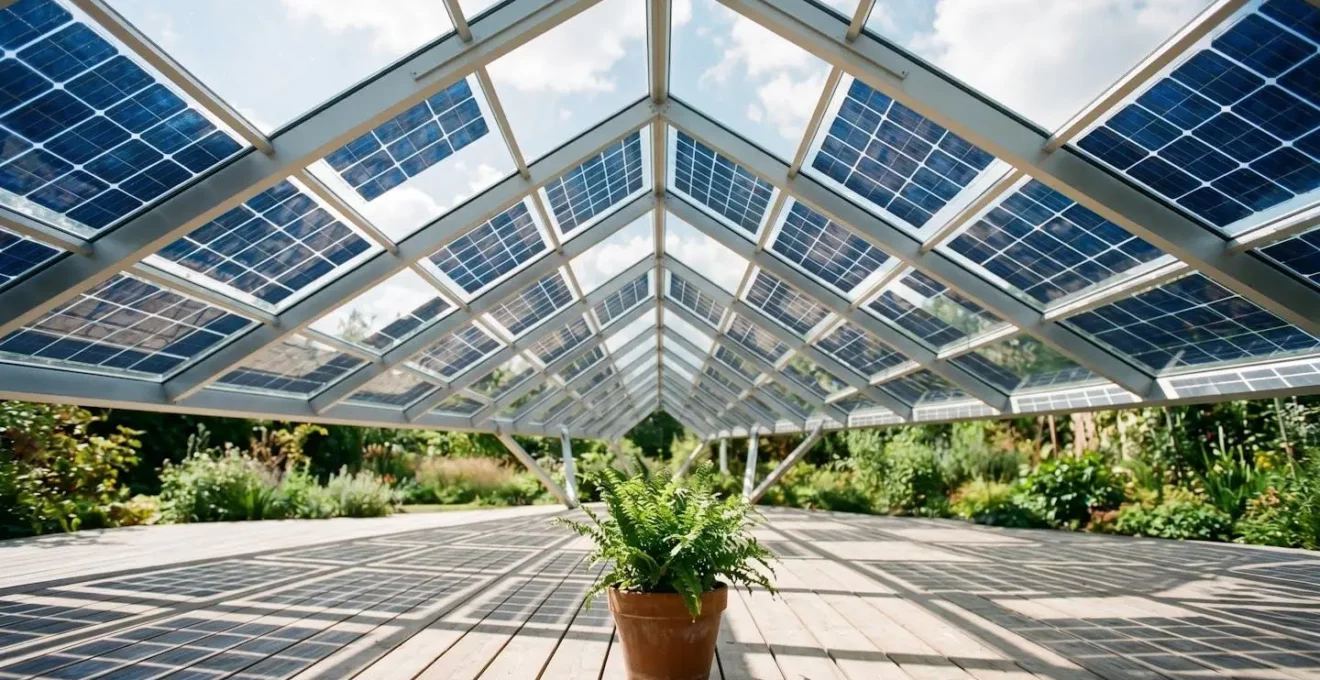 Vue en contre-plongée d'un auvent solaire moderne en aluminium avec cellules photovoltaïques bleues intégrées, créant une zone d'ombre sur une terrasse en bois clair, avec plante verte en pot au premier plan et jardin ensoleillé flou en arrière-plan