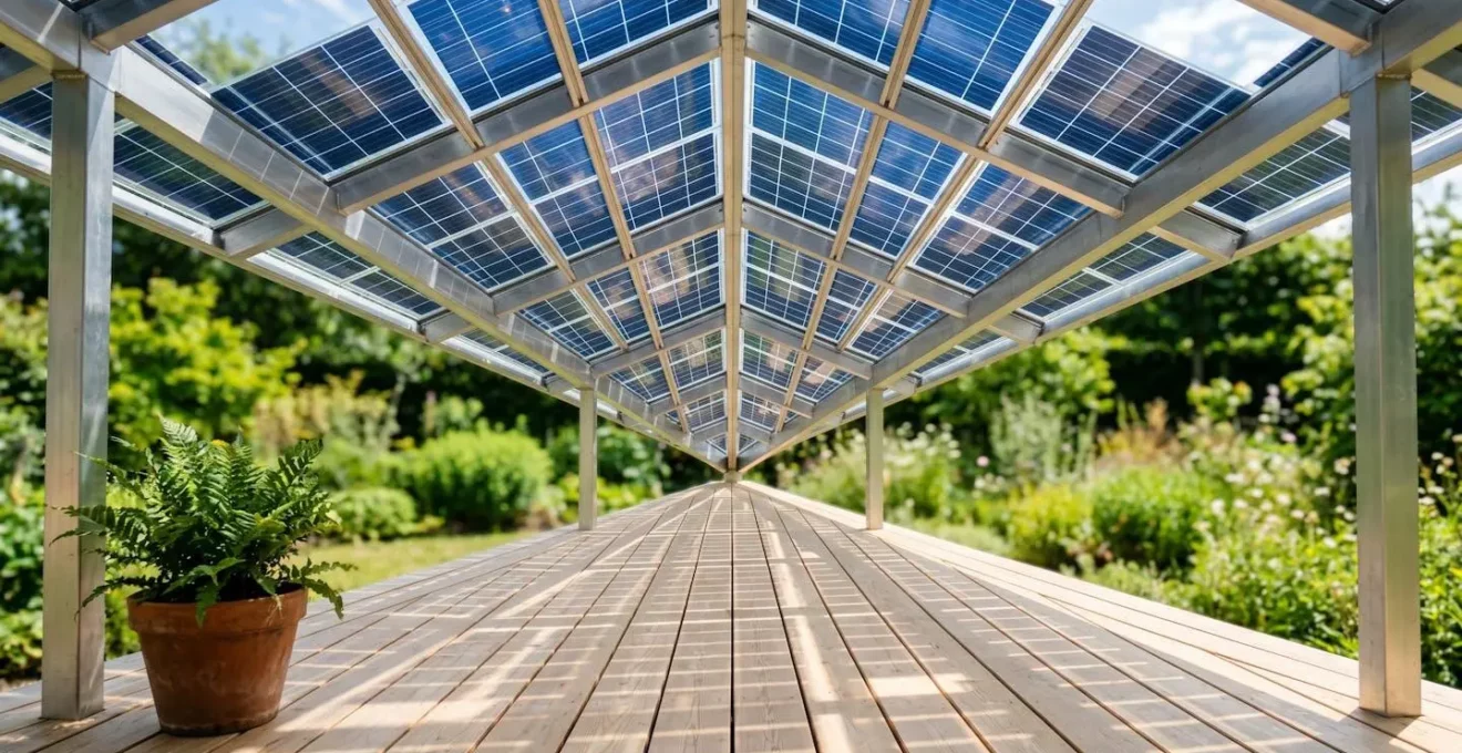 Vue en contre-plongée d'un auvent solaire moderne en aluminium avec cellules photovoltaïques bleues intégrées, créant une zone d'ombre sur une terrasse en bois clair, avec plante verte en pot au premier plan et jardin ensoleillé flou en arrière-plan