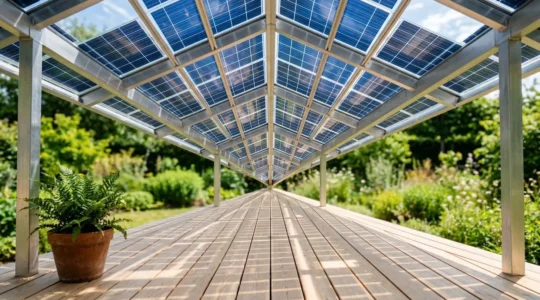 Vue en contre-plongée d'un auvent solaire moderne en aluminium avec cellules photovoltaïques bleues intégrées, créant une zone d'ombre sur une terrasse en bois clair, avec plante verte en pot au premier plan et jardin ensoleillé flou en arrière-plan