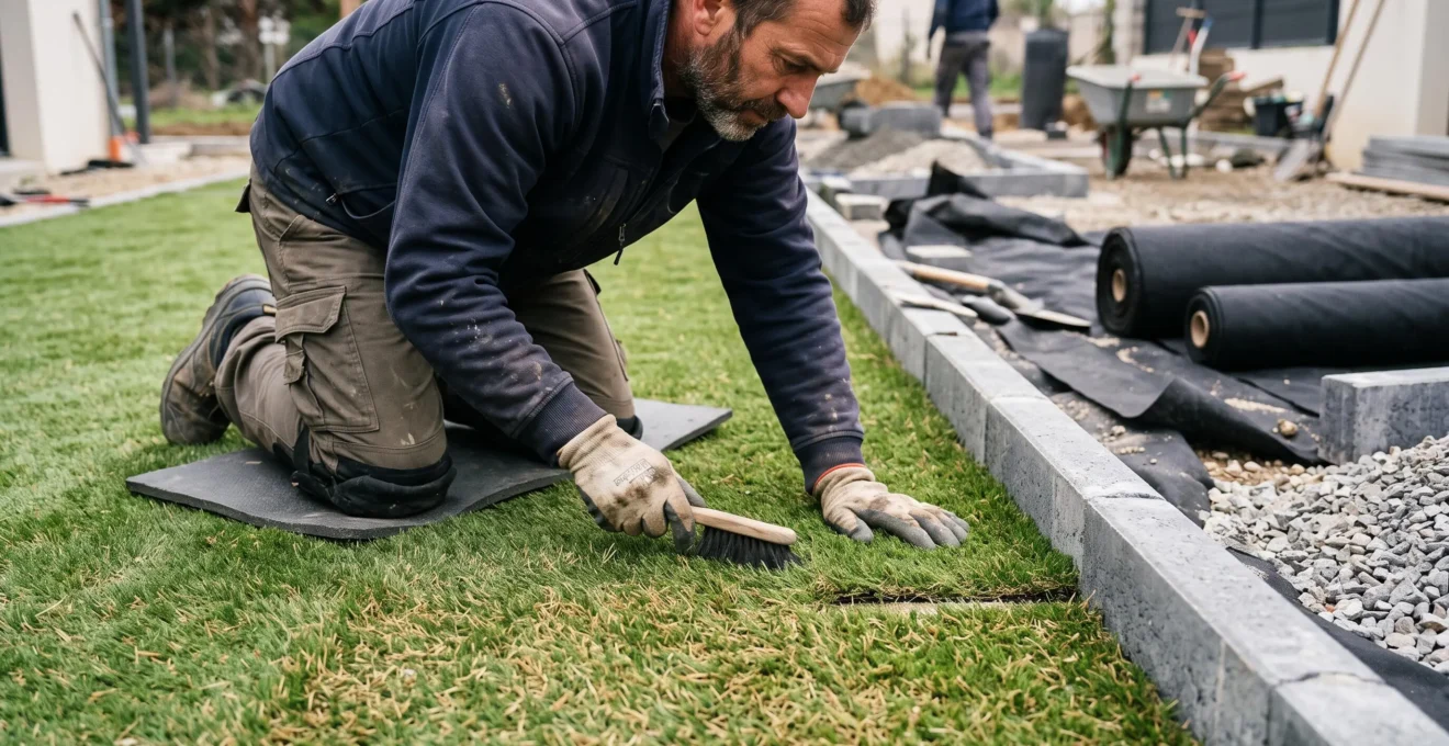 Un paysagiste vérifie la résilience des fibres d'un gazon synthétique sur un chantier.
