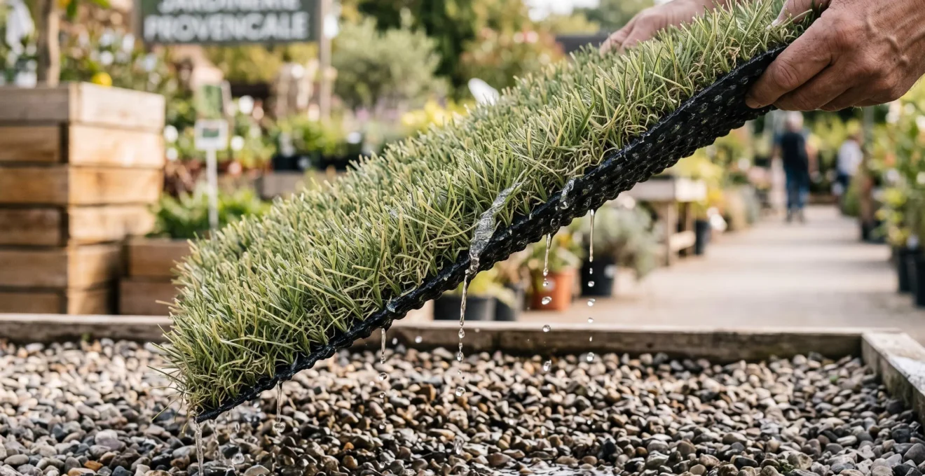 Gouttes d'eau traversant les fibres d'un échantillon de gazon synthétique incliné.