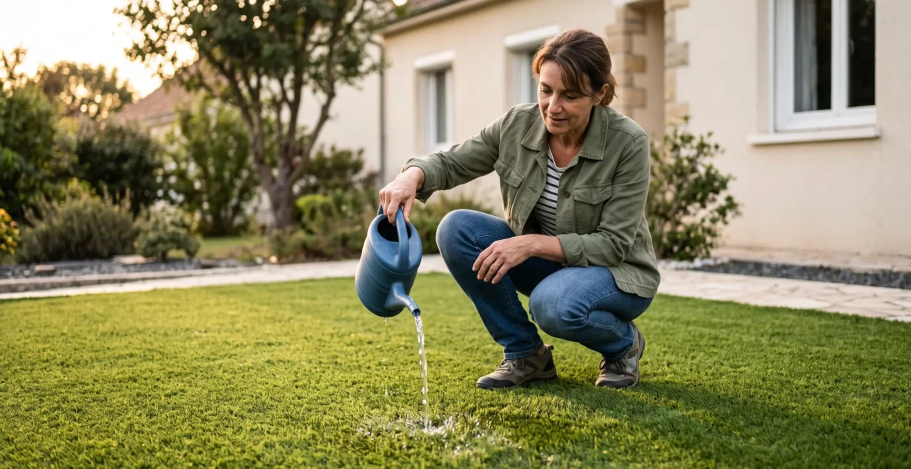 Une personne verse de l'eau sur un gazon synthétique pour observer le drainage.