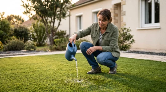 Une personne verse de l'eau sur un gazon synthétique pour observer le drainage.